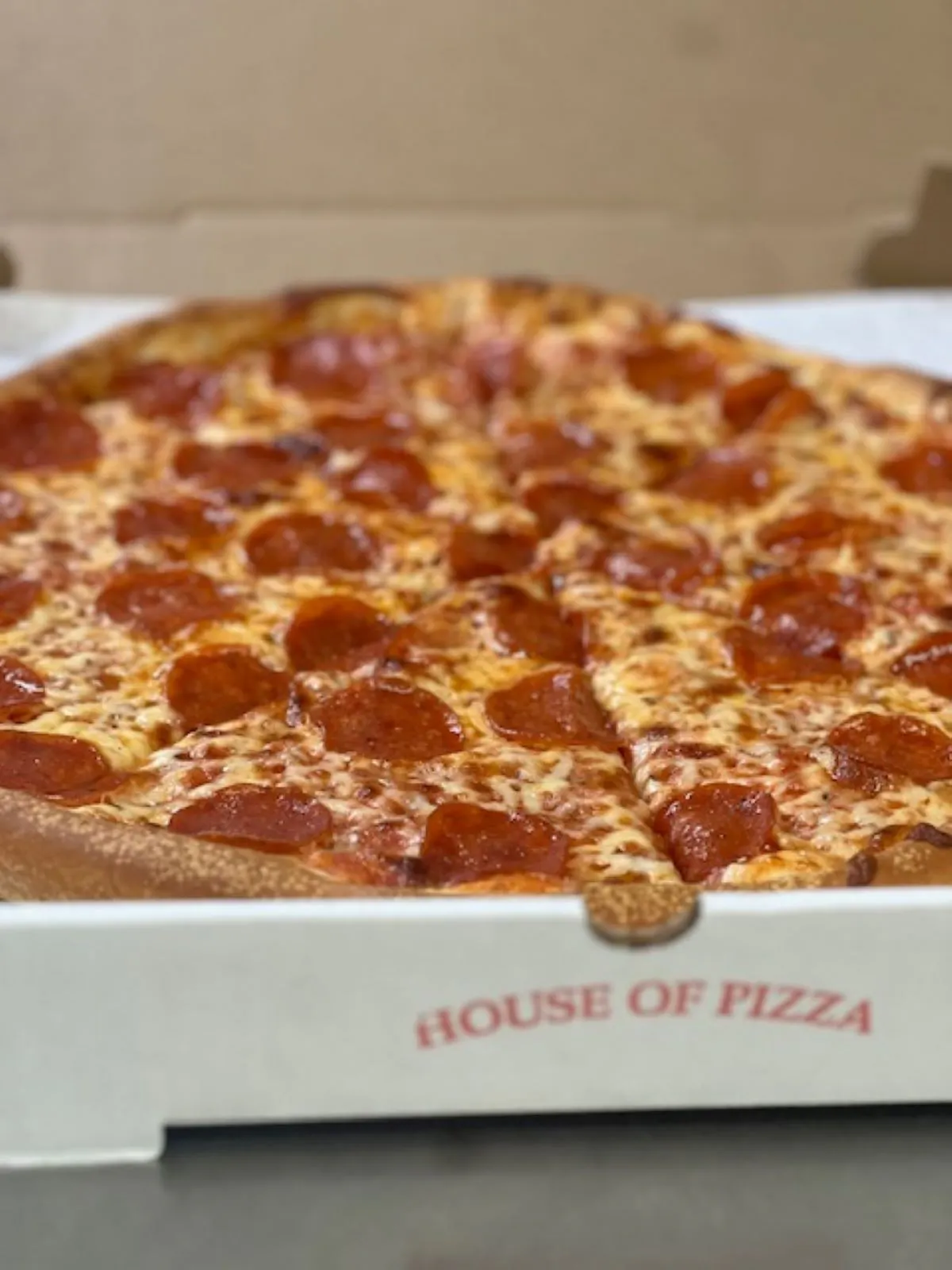a close up of a pepperoni pizza in a box